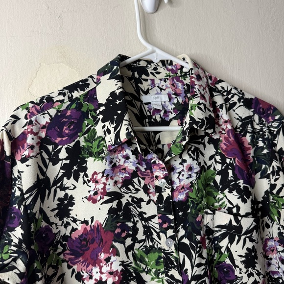 J Jill Cream Floral Dark Button Front Long Sleeve Blouse - Picture 2 of 6